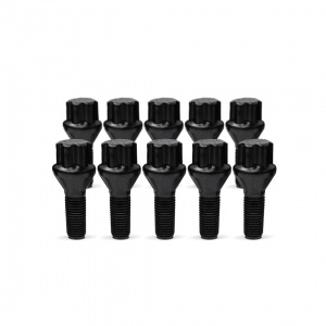 (Set of 10) 12X1.50 28mm Tapered 17Hex TPi Black Round Wheel Bolts